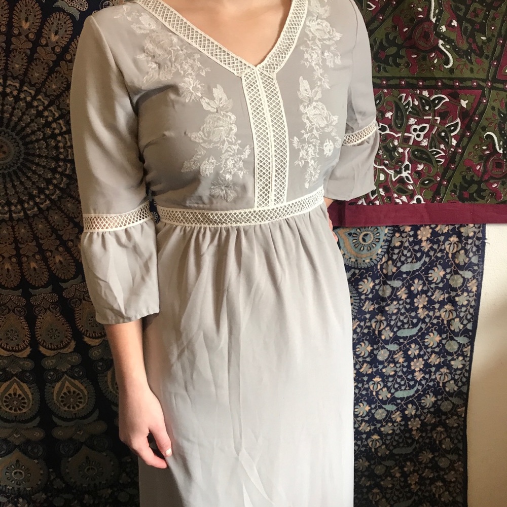 Grey Maxi Dress Wren and Ivory Embroidered Detail